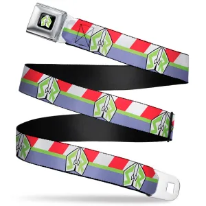 Toy Story Buzz Lightyear Space Ranger Logo Full Color Black/White/Green Seatbelt Belt - Toy Story Buzz Lightyear Space Ranger Logo/Striping Red/White/Green/Purple Webbing