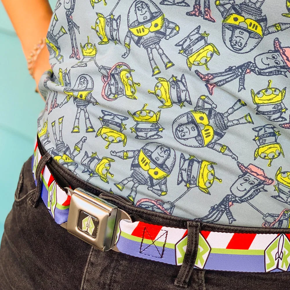 Toy Story Buzz Lightyear Space Ranger Logo Full Color Black/White/Green Seatbelt Belt - Toy Story Buzz Lightyear Space Ranger Logo/Striping Red/White/Green/Purple Webbing