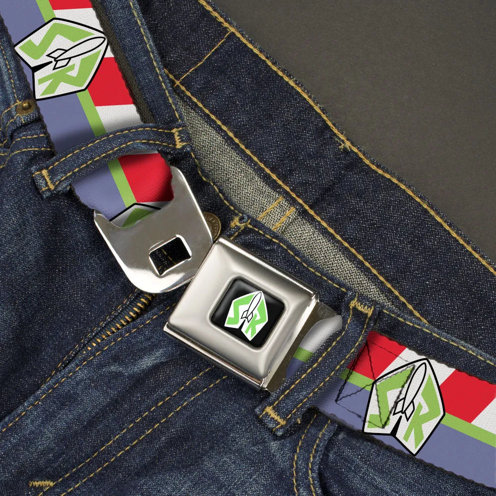 Toy Story Buzz Lightyear Space Ranger Logo Full Color Black/White/Green Seatbelt Belt - Toy Story Buzz Lightyear Space Ranger Logo/Striping Red/White/Green/Purple Webbing