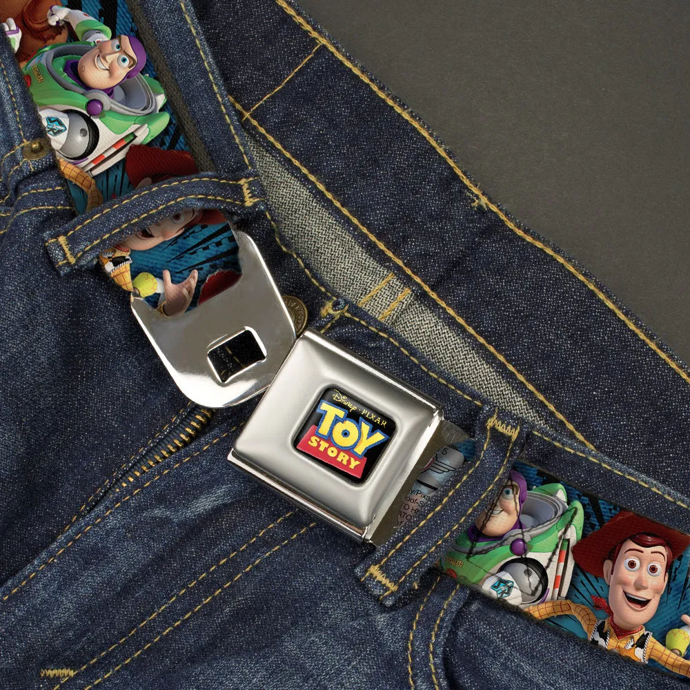 TOY STORY Logo Full Color Black Seatbelt Belt - Toy Story Characters Running Denim Rays Webbing