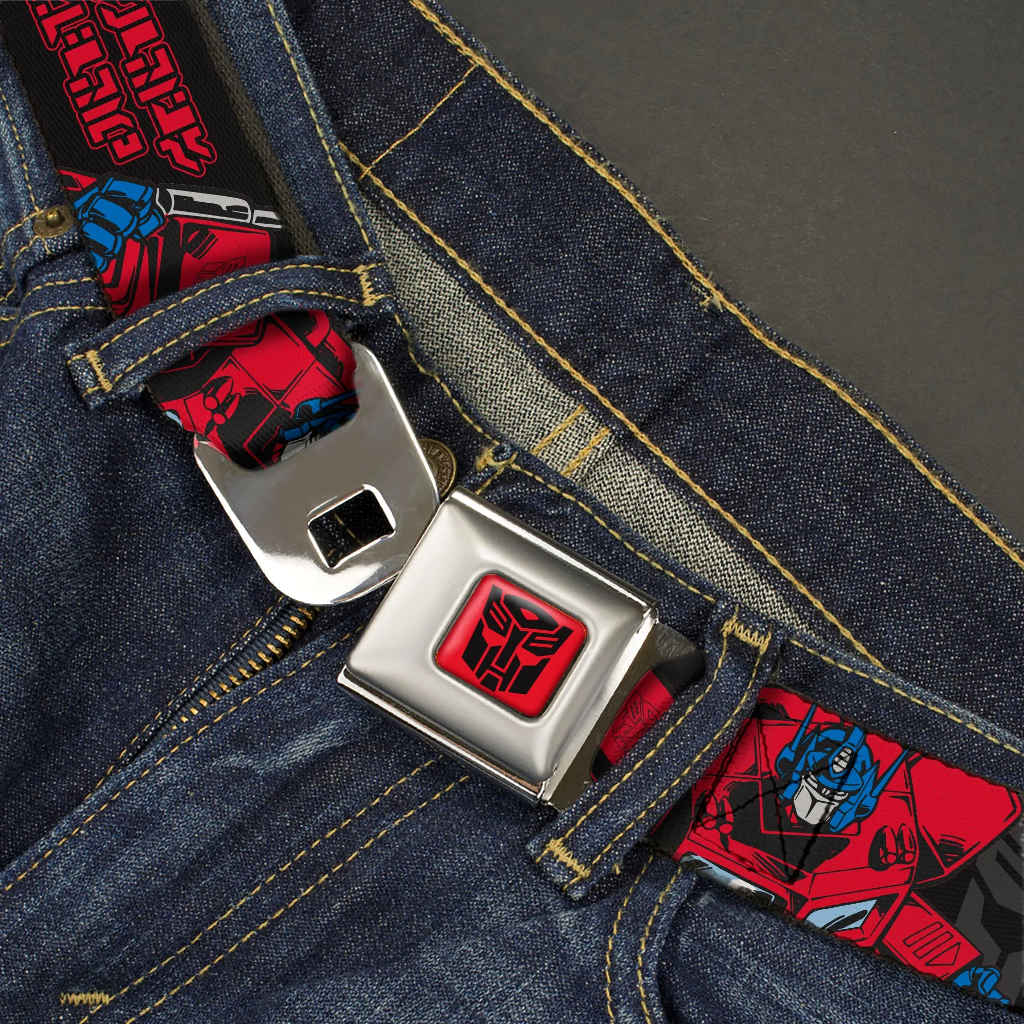 Transformers Autobots Icon Full Color Red/Black Seatbelt Belt - Transformers Generations Optimus Prime Pose and Autobot Icon Black/Gray/Red Webbing