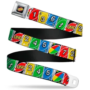UNO Game Logo Full Color Black/Red/Yellow Seatbelt Belt - UNO Cards Lineup Stack Multi Color Webbing