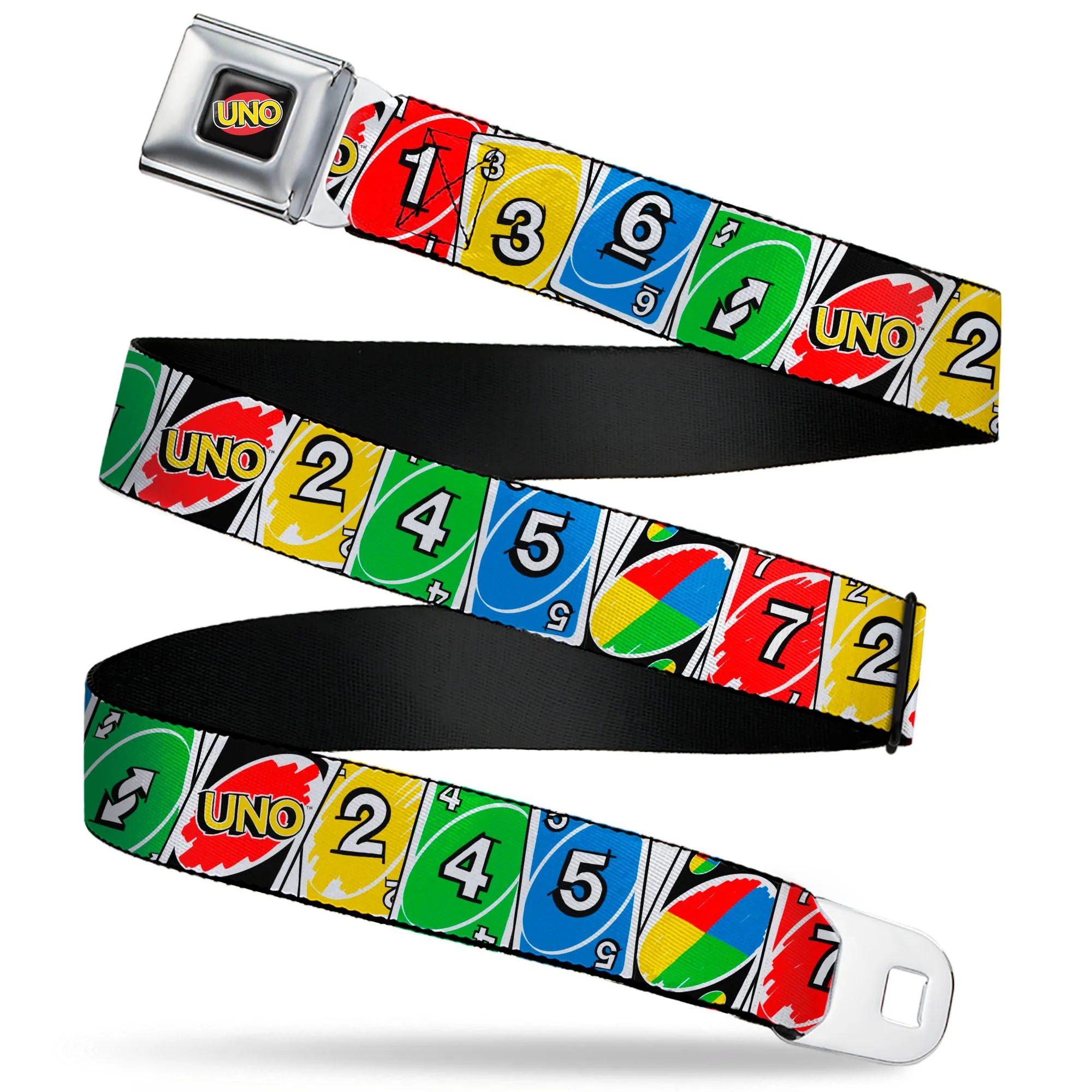 UNO Game Logo Full Color Black/Red/Yellow Seatbelt Belt - UNO Cards Lineup Stack Multi Color Webbing