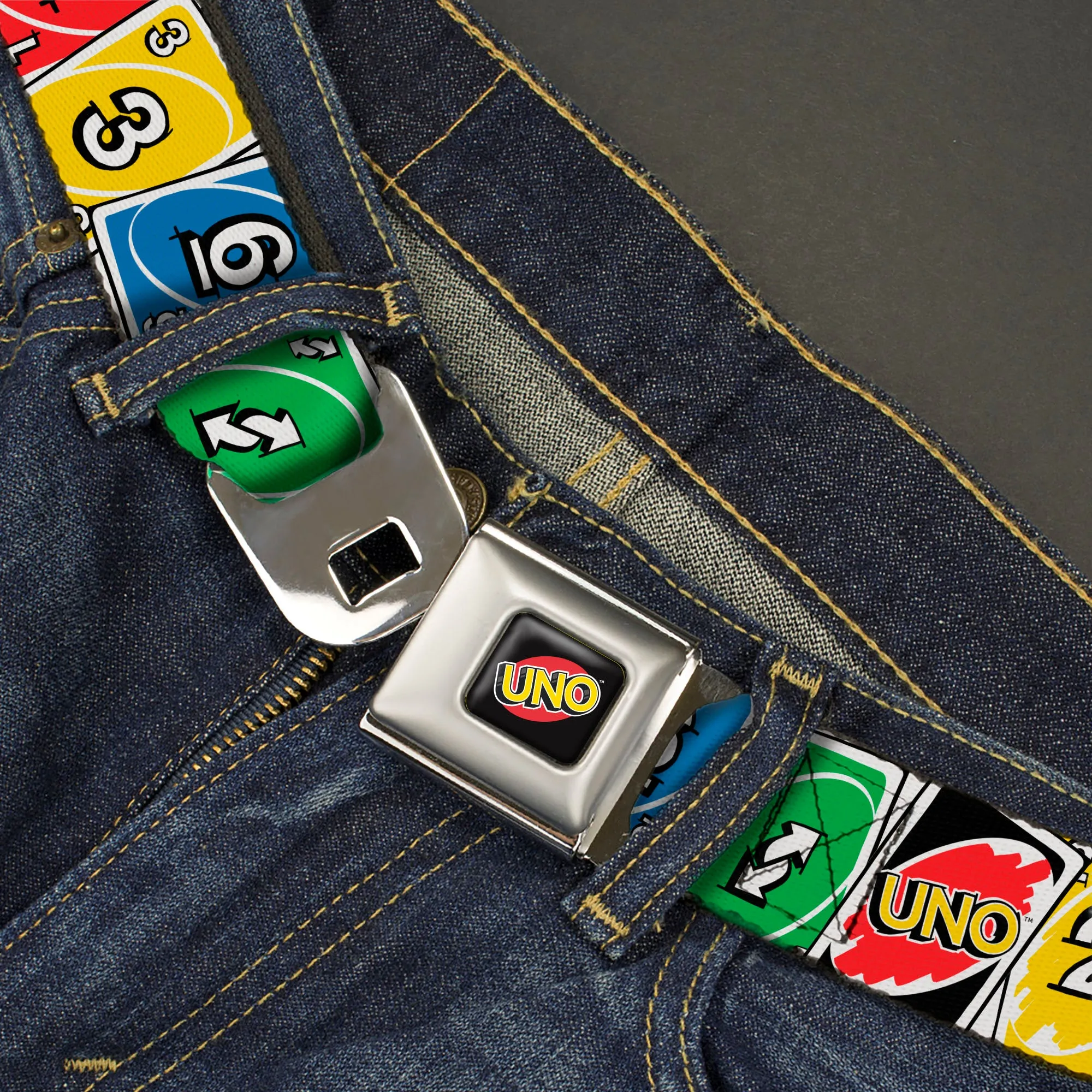 UNO Game Logo Full Color Black/Red/Yellow Seatbelt Belt - UNO Cards Lineup Stack Multi Color Webbing