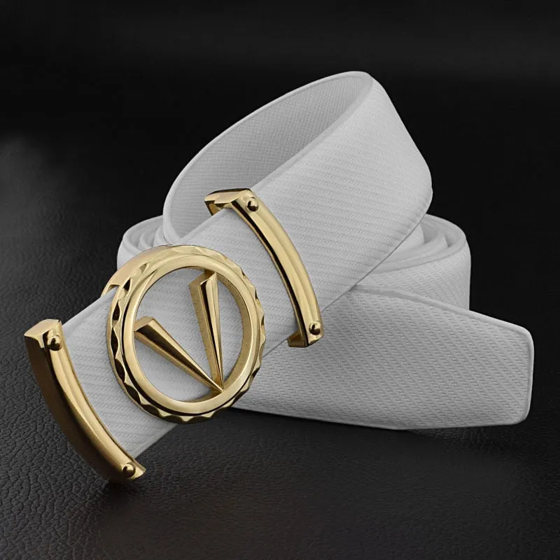 White Leather V-Buckle Belt - Stylish Men's Accessory