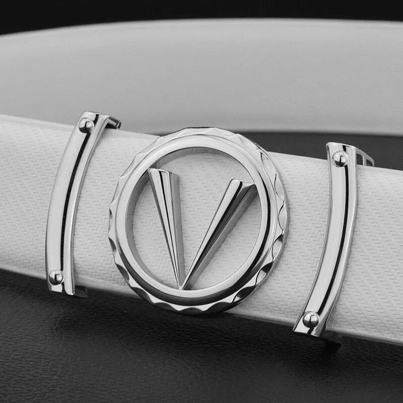 White Leather V-Buckle Belt - Stylish Men's Accessory