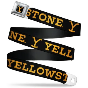 Yellowstone Y Logo Full Color Black/Orange Seatbelt Belt - YELLOWSTONE Text and Y Logo Weathered Black/Orange Webbing