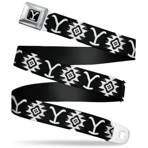 Yellowstone Y Logo Full Color Black/White Seatbelt Belt - Yellowstone Dutton Ranch and Native American Icons Black/White Webbing