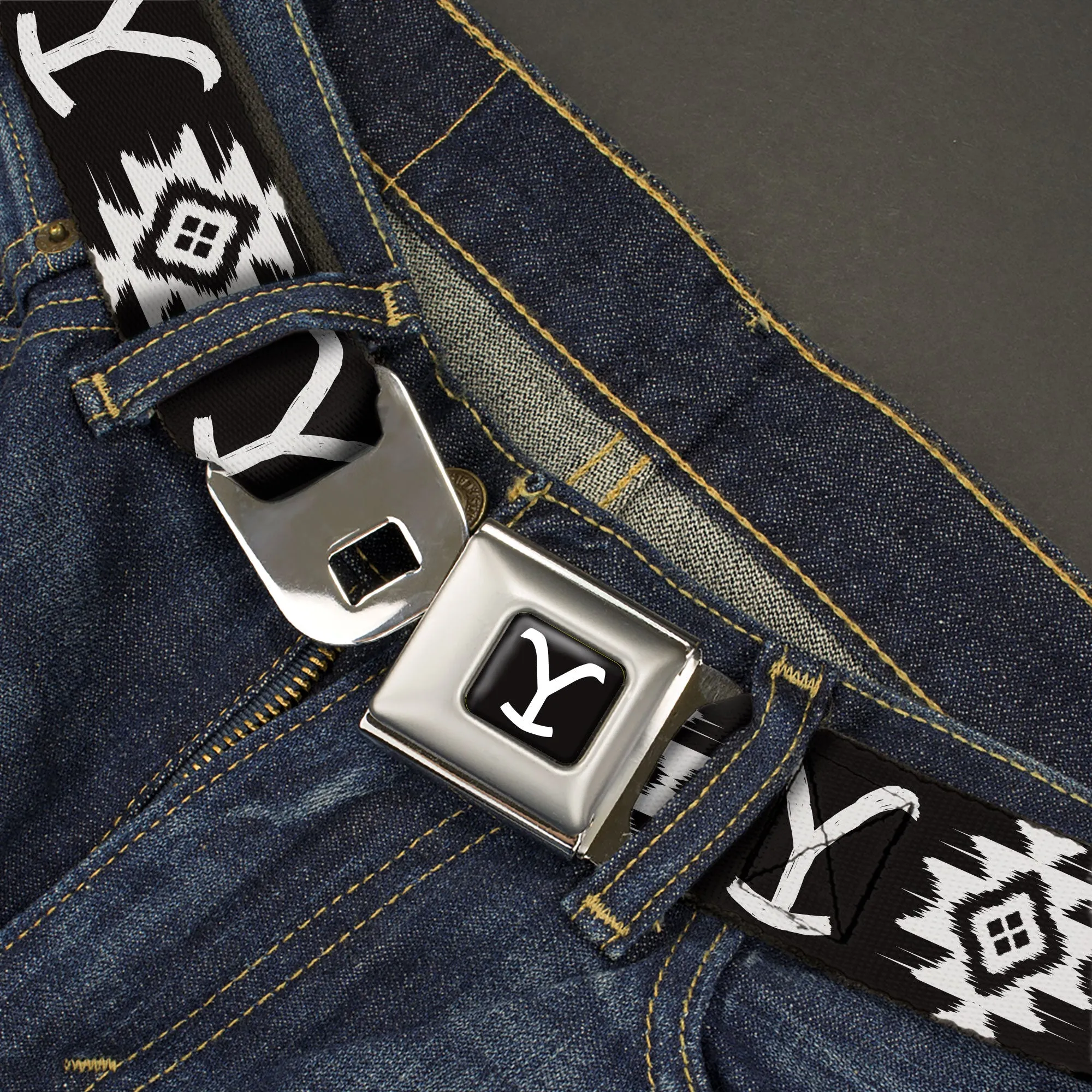 Yellowstone Y Logo Full Color Black/White Seatbelt Belt - Yellowstone Dutton Ranch and Native American Icons Black/White Webbing
