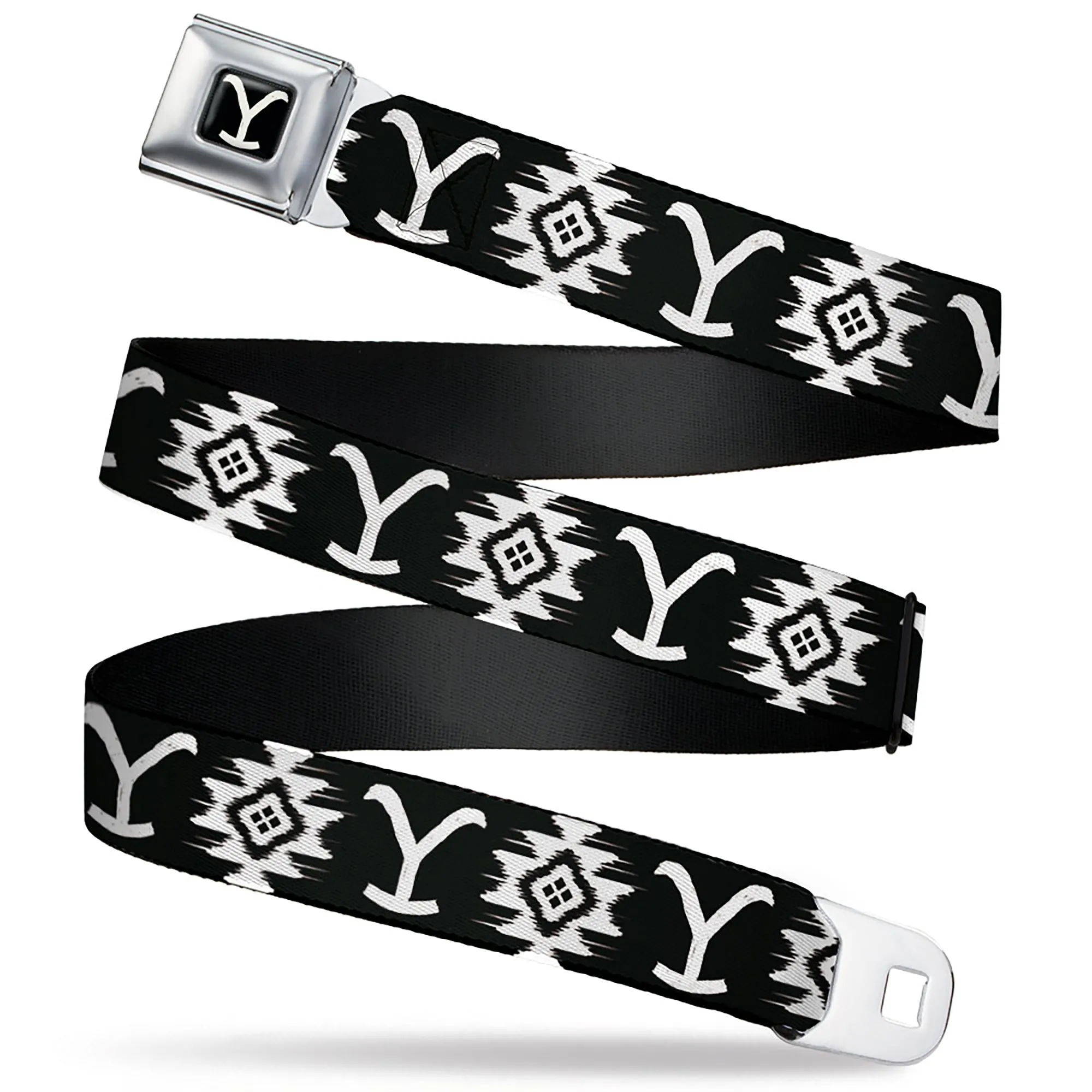 Yellowstone Y Logo Full Color Black/White Seatbelt Belt - Yellowstone Dutton Ranch and Native American Icons Black/White Webbing
